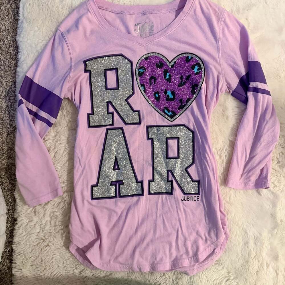 Justice Girls Purple Long Sleeve ROAR Sparkle Glitter Heart Tee Size 14